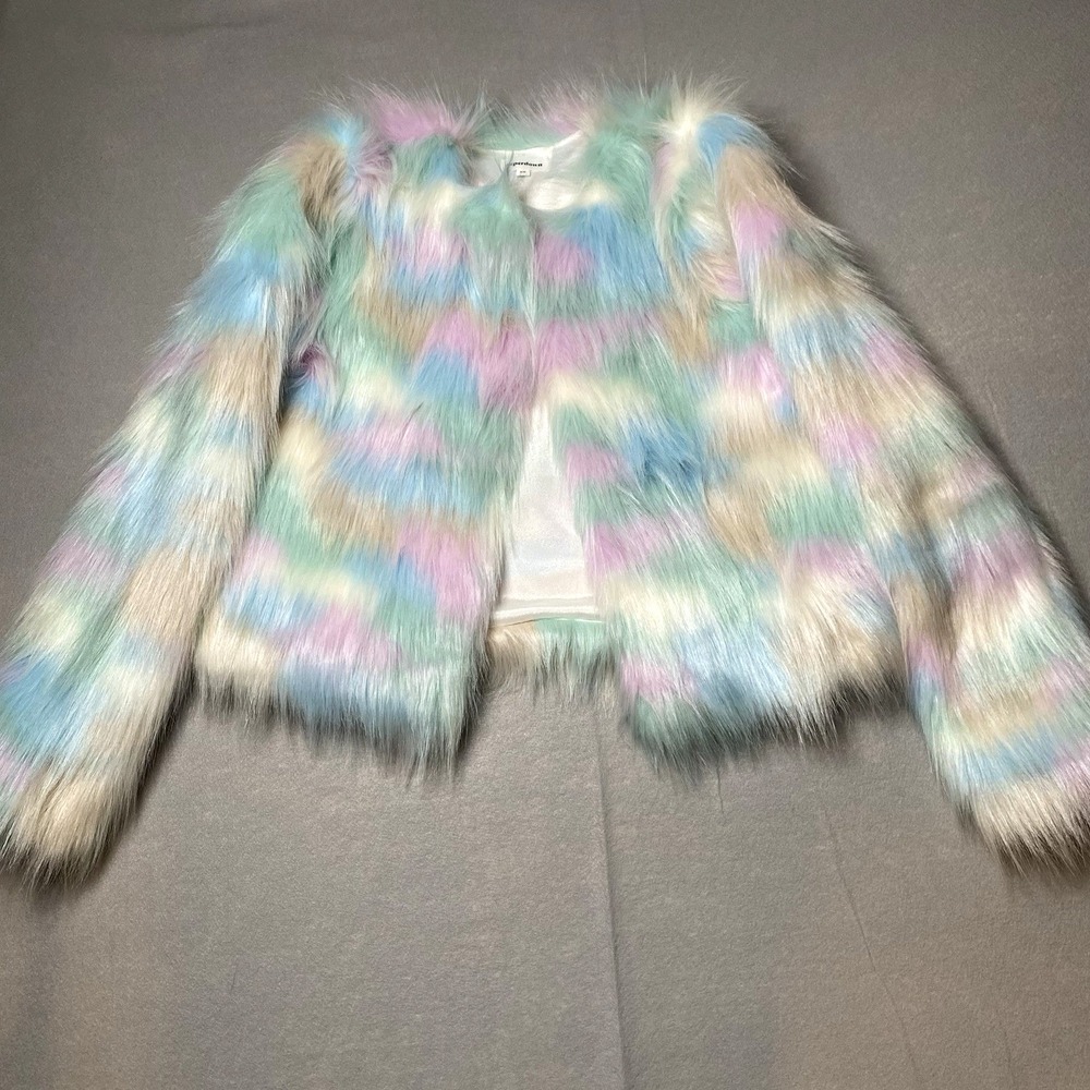 Superdown Pastel Rainbow Faux Fur Jacket XS Pink Blue Mint Shaggy Crop Coat